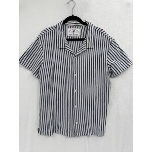 Free‎ Planet Mens Large Black White Striped Cotton Camp Collar Shirt Casual